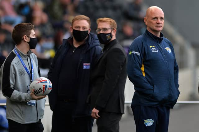 Leeds Rhinos head coach Richard Agar watches from the sidelines at Hull FC. Picture: Jonathan Gawthorpe.