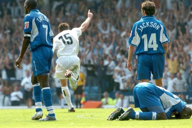 Frazer Richardson celebrates scoring against Derby County at Elland Road on the opening day of the 2004/05 season. PIC: Simon Hulme