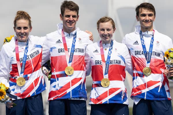 CHAMPIONS: Jess Learmonth, Jonny Brownlee, Georgia Taylor-Brown and Alex Yee with their Olympic golds. Picture: Getty Images.
