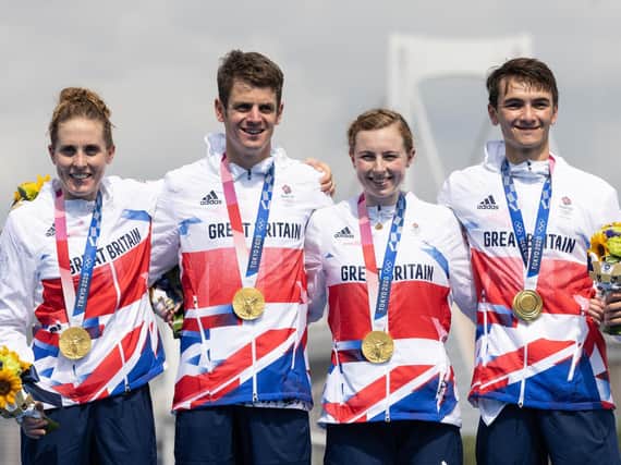 CHAMPIONS: Jess Learmonth, Jonny Brownlee, Georgia Taylor-Brown and Alex Yee with their Olympic golds. Picture: Getty Images.