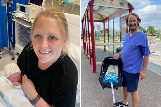 Becky with Barnaby in the maternity unit and Philip with his new son where it all unfolded. (Credit: The Mid Yorkshire Hospitals NHS Trust)