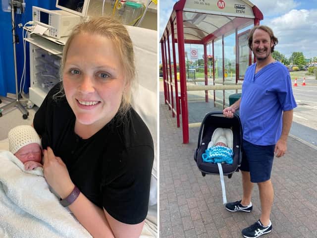 Becky with Barnaby in the maternity unit and Philip with his new son where it all unfolded. (Credit: The Mid Yorkshire Hospitals NHS Trust)