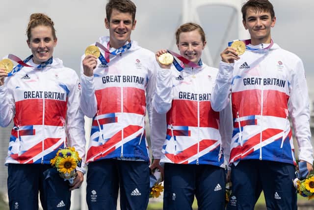 CHAMPIONS: Jess Learmonth, Jonny Brownlee, Georgia Taylor-Brown and Alex Yee with their Olympic golds. Picture: Getty Images.