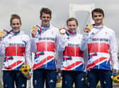 CHAMPIONS: Jess Learmonth, Jonny Brownlee, Georgia Taylor-Brown and Alex Yee with their Olympic golds. Picture: Getty Images.