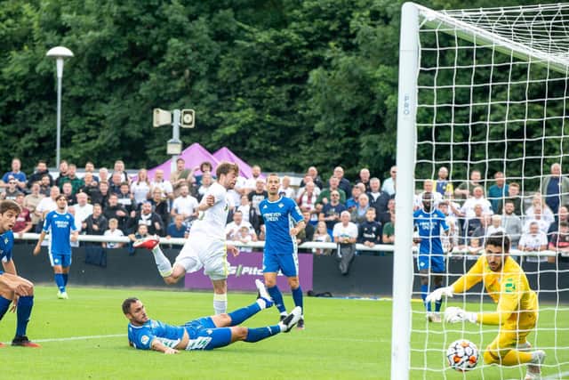 Leeds United striker Patrick Bamford scores at Loughborough. Pic: Bruce Rollinson