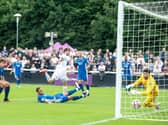 Leeds United striker Patrick Bamford scores at Loughborough. Pic: Bruce Rollinson