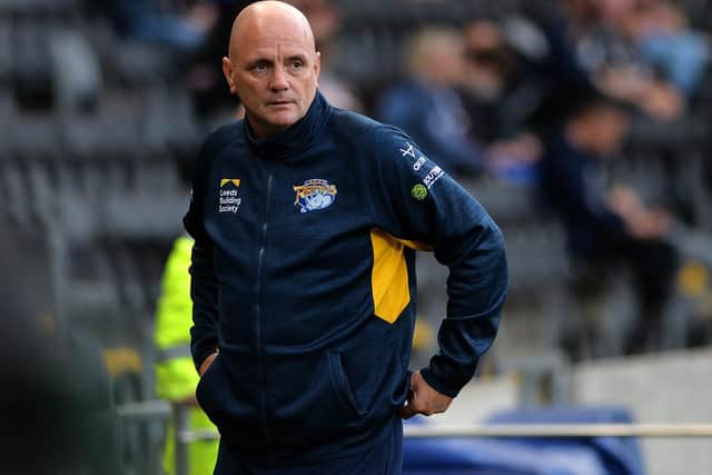 Rhinos coach Richard Agar at the game against Hull. Picture by Jonathan Gawthorpe.