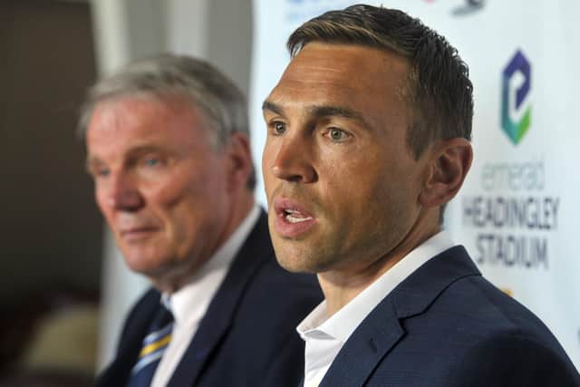 Kevin Sinfield with Rhinos chief executive Gary Hetherington on the day he returned to Rhinos in 2019. Picture by Tony Johnson.