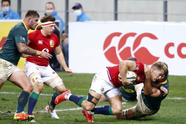 WE MEET AGAIN: South Africa's Eben Etzebeth tackles Duhan van der Merwe during last weekend's first Test match in Cape Town. Picture: Steve Haag/PA