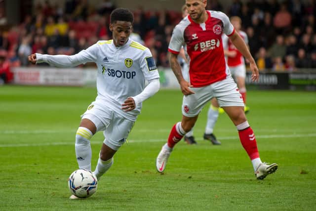 Leeds United winger Crysencio Summerville in action at Fleetwood Town. Pic: Bruce Rollinson