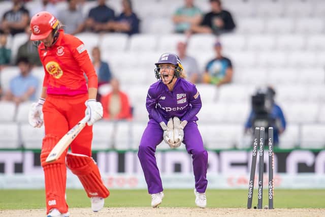 WIDE APPEAL: Northern Superchargers' Lauren Winfield-Hill celebrates stumping Welsh Fire's Sarah Taylor. Picture by Allan McKenzie/SWpix.com
