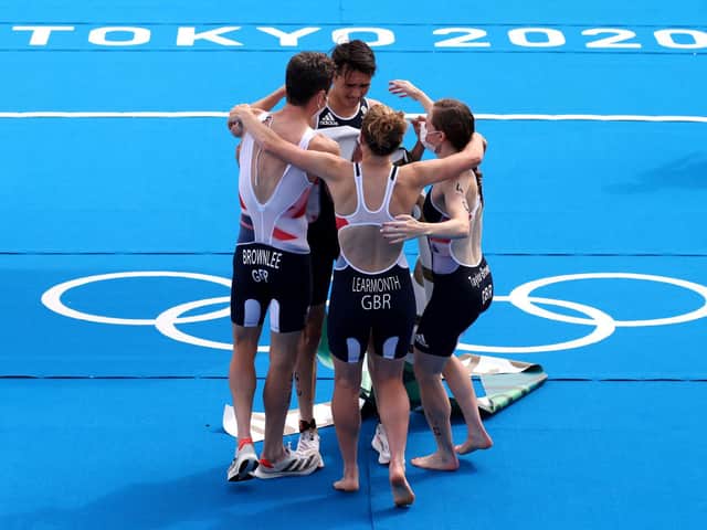 GOLDEN: GB's mixed triathlon relay team celebrate victory in Tokyo. Picture: Getty Images.