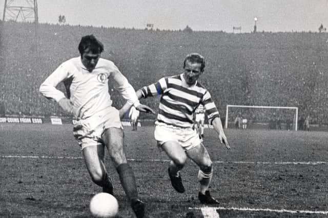CLUB LEGEND: Former Leeds United left back Terry Cooper, left, pictured holding off Celtic's s Jimmy Johnstone, right, in the 1970 European Cup semi-final second leg at Hampden Park. Picture by YPN.