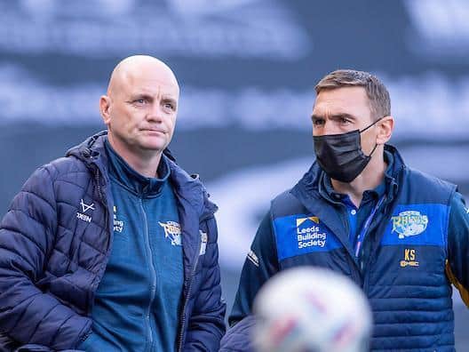 Kevin Sinfield, right, with Leeds coach Richard Agar. Picture by Allan McKenzie/SWpix.com.
