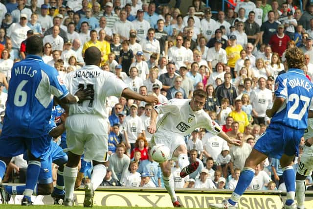 SUMMER SIZZLER: Frazer Richardson fires home the only goal of the game in Leeds United's first Championship fixture against Derby County at Elland Road back  in August 2004. Picture by Varleys.