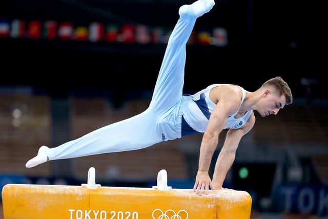 Max Whitlock on his way to winning the Men's Pommel Horse Final at the Ariake Gymnastics Centre. Picture: Mike Egerton/PA