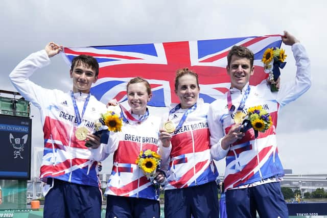 Great Britain's Alex Yee, Georgia Taylor-Brown Jessica Learmonth and Jonathan Brownlee on the podium with the gold medal for the Triathlon Mixed Relay at Odaiba Marine Park on the eighth day of the Tokyo 2020 Olympic Games in Japan. (Picture: Danny Lawson/PA Wire)
