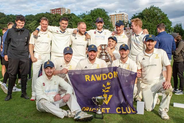 Rawdon celebrate their Waddilove Cup victory over Pool on Sunday. Picture: John Heald.