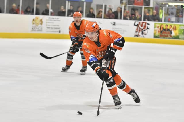 Brandon Whistle, in action for Telford Tigers during the 2019-20 NIHL National season, when TOm Watkins' team won a league and cup double. Picture courtesy of Steve Brodie.