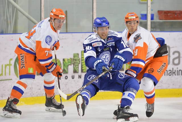 Brandon Whistle, left, playing alongside Tanner Eberle for the Sheffield Steelers in the 2018-19 Elite League season. Picture courtesy of Dean Woolley.