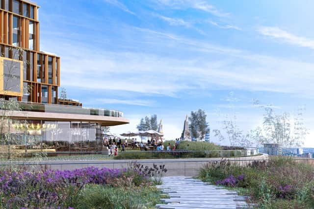 A CGI of the hospital restaurant exterior and landscape.