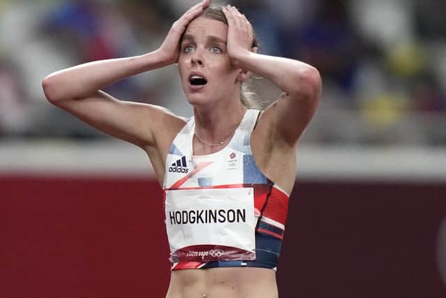 Keely Hodgkinson, of Britain, reacts after her second place finish in the final of the women's 800m at the 2020 Summer Olympics in Tokyo. (AP Photo/David Goldman)