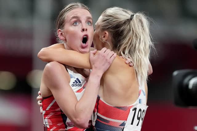 Great Britain's Keely Hodgkinson is congratulated by Alex Bell after winning silver (Picture: PA)