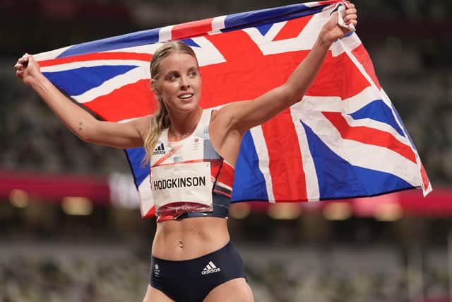 Keely Hodgkinson, of Britain celebrates winning the silver in the final of the women's 800m at the 2020 Summer Olympics, Tuesday, Aug. 3, 2021, in Tokyo, Japan. (AP Photo/Martin Meissner)