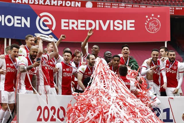 DOMINANT: Ajax celebrate winning their 35th national title after beating FC Emmen at the Johan Cruyff Arena in Amsterdam back in May. Photo by MAURICE VAN STEEN/ANP/AFP via Getty Images.