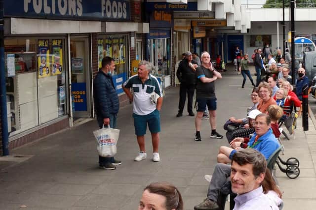 Campaigners in the A Place to Sit group, made up of 900 Bramley residents, at a sit-in protest in Bramley Shopping Centre, after the benches were removed.