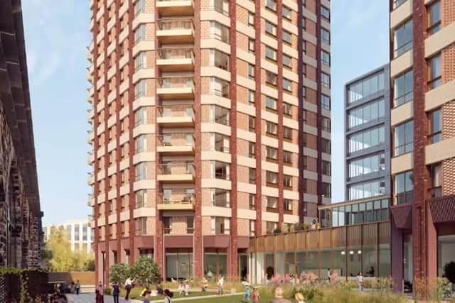 Early design of the site of two large towers at the west end of the city centre.