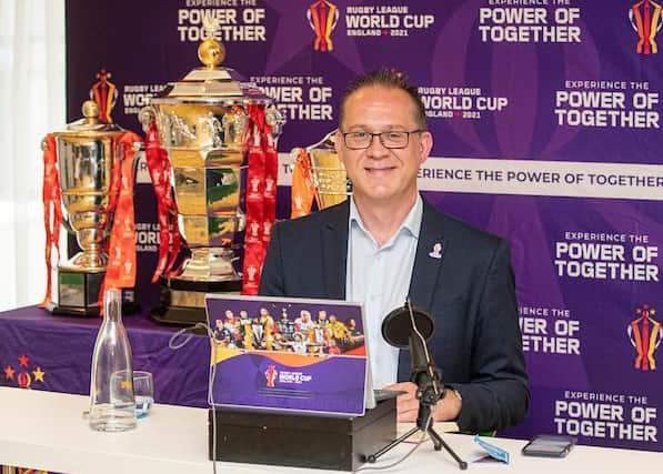 Tournament chief execuitve Jon Dutton with the World Cup trophies. Picture by Paul Currie/SWpix.com.