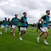 Leeds United warm-up ahead of the club's pre-season friendly with Real Betis. Pic: Bruce Rollinson