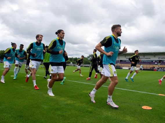 Leeds United warm-up ahead of the club's pre-season friendly with Real Betis. Pic: Bruce Rollinson