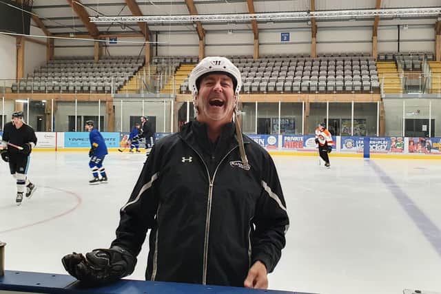 Dave Whistle enjoys a joke during Monday night's first-ever Leeds Knights' practice session.