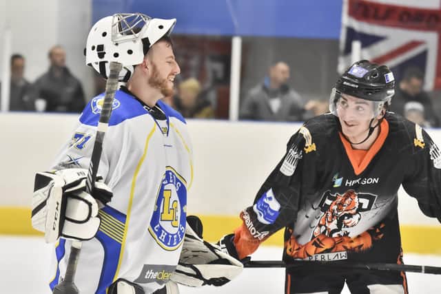 Brandon Whistle, right, chats with Sam Gospel, during a game between Leeds and Telford back in November 2019. The two will be team-mates this season. Picture courtesy of Steve Brodie.