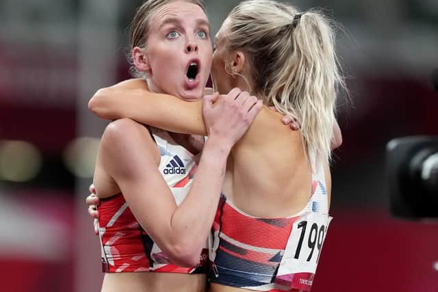 Leeds' Alex Bell congratulates Keely Hodgkinson after she wins silver in Women’s 800m Final during the Athletics at the Olympic Stadium