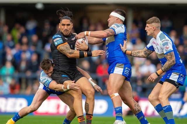 Jesse Sene-Lefao on  the ball for Tigers against Leeds. Picture by Bruce Rollinson.