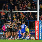 Tigers celebrateGreg Eden's second try in the win at Leeds. Picture by Bruce Rollinson.