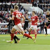ROCKET: Gjanni Alioski scores his first goal for Leeds United in the 2-0 victory at Nottingham Forest of August 2017. Picture by Jonathan Gawthorpe.