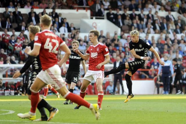 ROCKET: Gjanni Alioski scores his first goal for Leeds United in the 2-0 victory at Nottingham Forest of August 2017. Picture by Jonathan Gawthorpe.