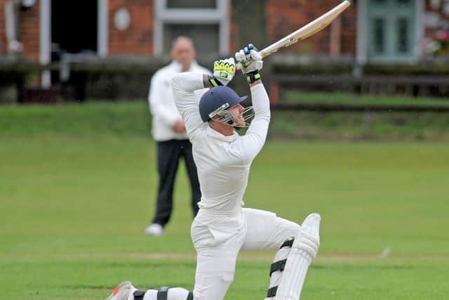 Thomas Chippendale, who top scored for Methley with 42  in the win against Townville, smashes a boundary. Picture: Steve Riding.