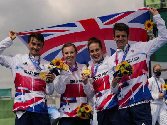 Great Britain's Alex Yee, Georgia Taylor-Brown Jessica Learmonth and Jonathan Brownlee on the podium with the gold medal for the Triathlon Mixed Relay Pic:AP Photo/Francisco Seco