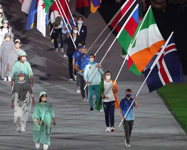 Ireland's Natalya Coyle with the tricolour flag during the closing ceremony of the Tokyo 2020 Olympic Games at the Olympic stadium in Japan.