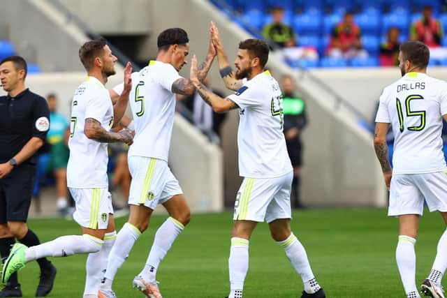 A TRUE TEST: Leeds United celebrate a fine strike from Mateusz Klich, second from right, in Saturday's 2-2 draw against Europa League champions Villarreal in the final friendly of the summer. Picture by Varleys.