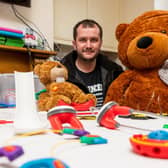 Nick Hardman, pictured in his 3D Toy Shop studio, has made cuddly toys with custom brain implants to match those belonging to children with hyrocephalus