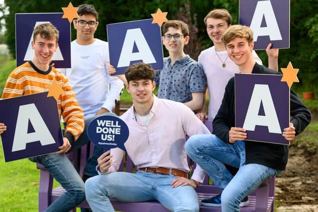 Celebrating getting to Oxbridge are back (L-R): Ayushman Nath, Jake Masters, and Tom Ingleby; front (L-R): James Hardy, Oliver Daniels and Ben Wheatcroft.