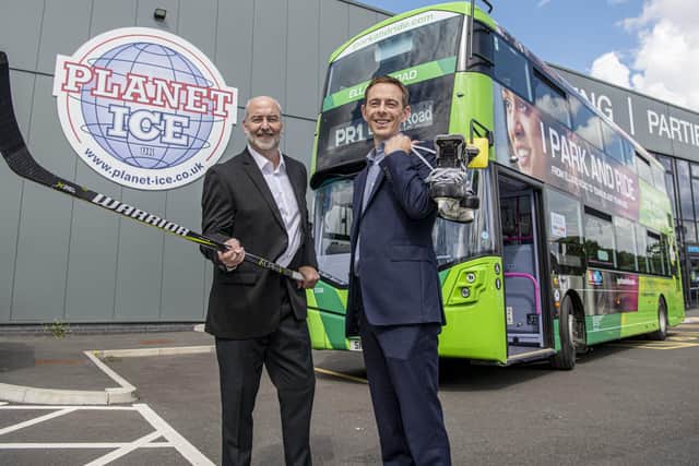 Leeds Knights Ice Hockey team head coach Dave Whistle with Martin Hirst communication director at bus company First West Yorkshire linking up with a sponsorship deal for the forthcoming NIHL National season (photo: Tony Johnson).