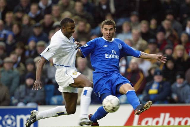 Adrian Mutu of Chelsea holds off Lucas Radebe of Leeds during the FA Barclaycard Premiership match between Leeds United and Chelsea at Elland Road on December 6, 2003 in Leeds, England. (Photo by Laurence Griffiths/Getty Images)