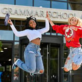 Zoe Mutamiri and Evie Webb celebrate their great results at the Grammar School in Leeds today  PIC SIMON DEWHURST